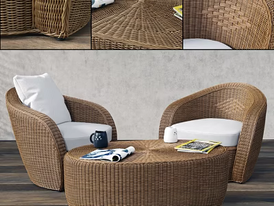 Rattan Outdoor Sofa with White Cushions and Round Coffee Table in Cozy Setting 3d model