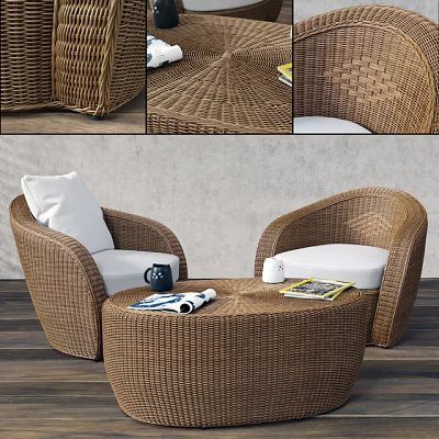 Rattan Outdoor Sofa with White Cushions and Round Coffee Table in Cozy Setting 3d model Rattan Outdoor Sofa with White Cushions and Round Coffee Table in Cozy Setting 3d model