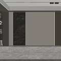 Modern Minimalist Living Room With Gray Carpet Wooden Bookshelf And Textured Dark Accent Wall