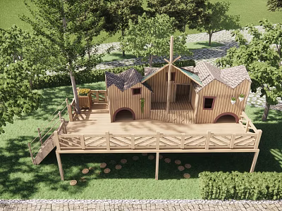Wooden Outdoor Children's Play Area With Playhouses Windmill Platform And Lush Trees 3d model