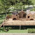 Wooden Outdoor Children's Play Area With Playhouses Windmill Platform And Lush Trees