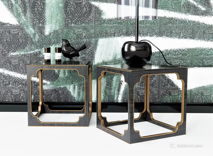 Elegant Modern Black Side Tables With Gold Trim And Green Patterned Wall 3d model 