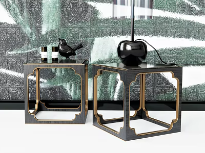 Elegant Modern Black Side Tables With Gold Trim And Green Patterned Wall 3d model