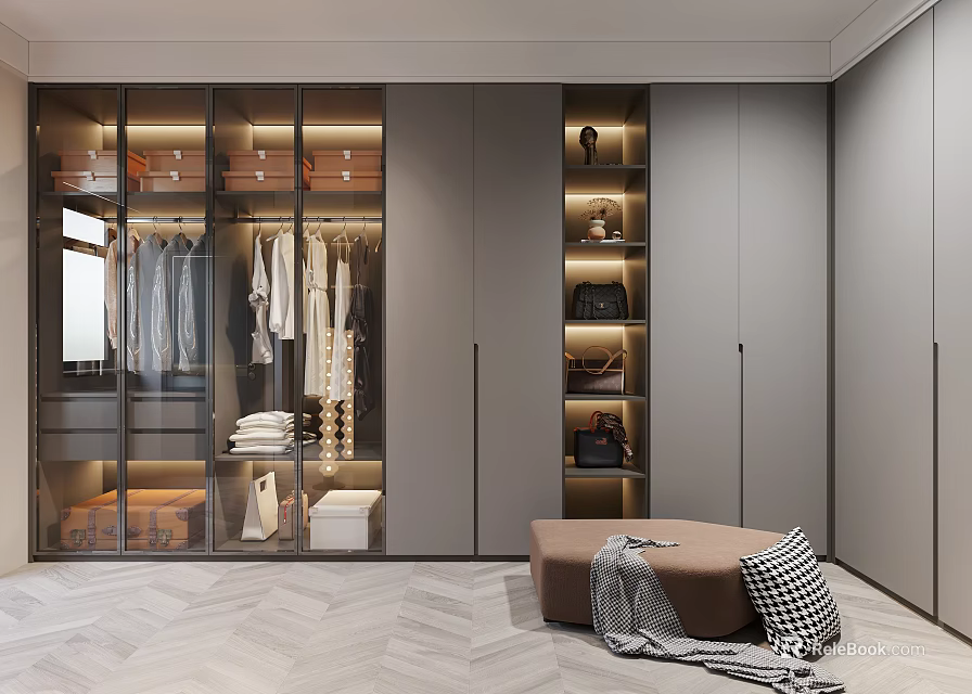 Modern Walk In Closet With Glass Fronts Organized Storage And Cozy Seat 3d model 