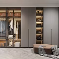 Modern Walk In Closet With Glass Fronts Organized Storage And Cozy Seat