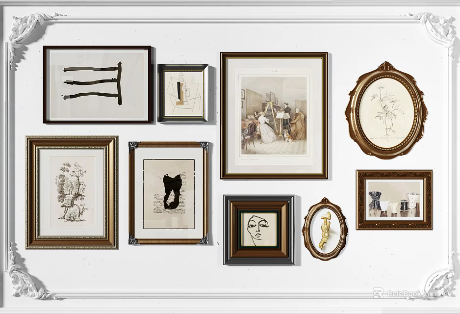 Various Framed Artworks In Different Styles And Shapes On White Wall 3d model 