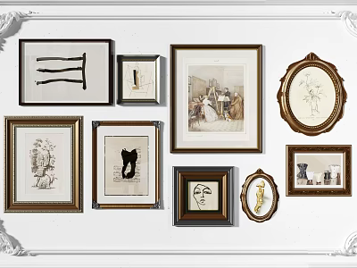 Various Framed Artworks In Different Styles And Shapes On White Wall 3d model