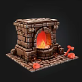 Cartoon Style Stone Fireplace Scene With Burning Flames And Red Decorations