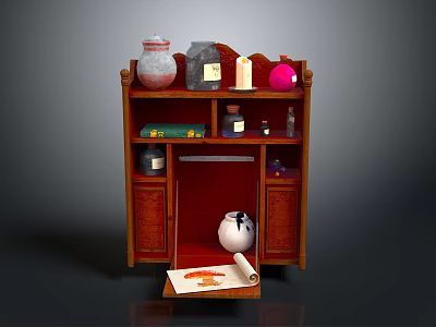 Wooden Bookcase With Shelves Cabinet Doors Vases Scroll Books And Decorative Items 3d model
