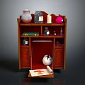 Wooden Bookcase With Shelves Cabinet Doors Vases Scroll Books And Decorative Items