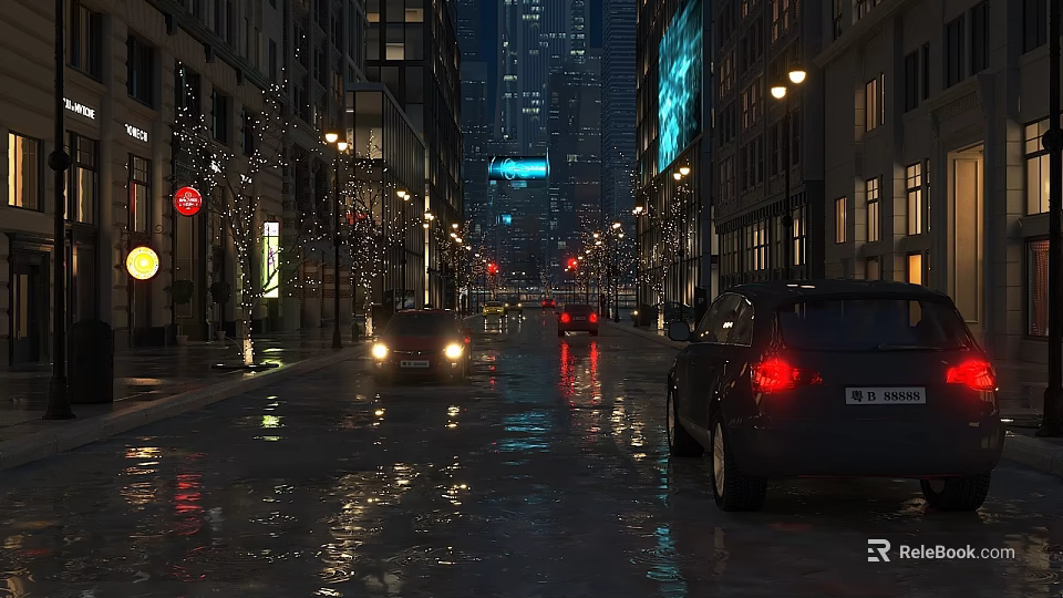 Vibrant Commercial Street at Night with Tall Buildings Streetlights Cars and Wet Pavement 3d model 
