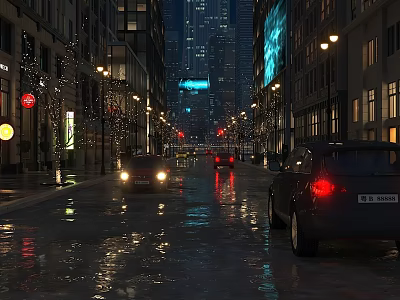 Vibrant Commercial Street at Night with Tall Buildings Streetlights Cars and Wet Pavement 3d model