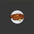 Crispy Golden Fried Chicken Breast Served With Lemon Wedge On White Plate