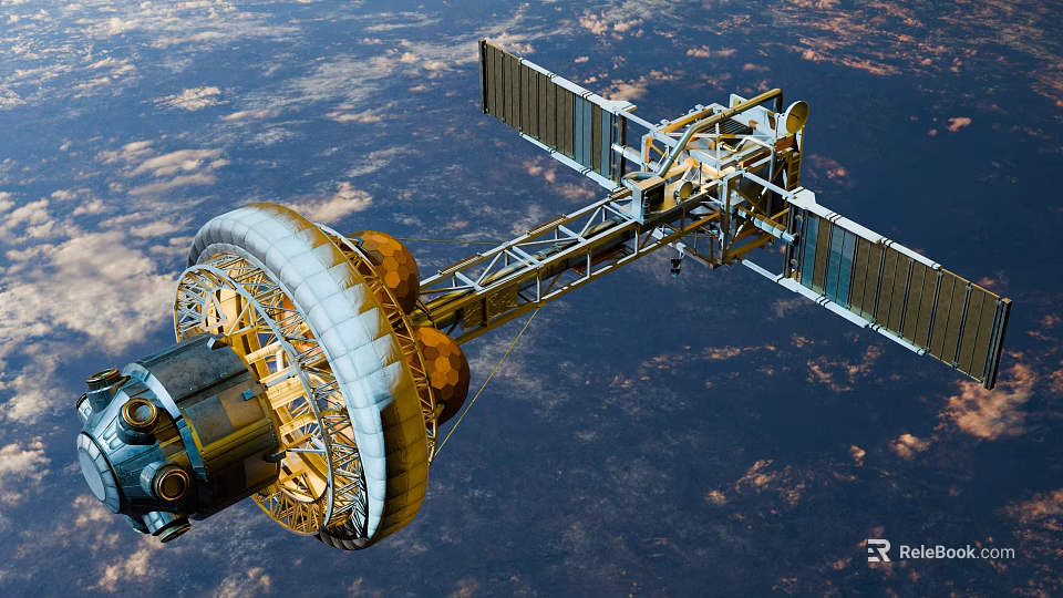 Advanced Satellite With Solar Panels Orbiting Earth In Outer Space 3d model 