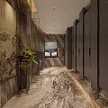 Modern Public Restroom Interior Design With Marble Walls Double Vanities Mirrors And Lighting Design