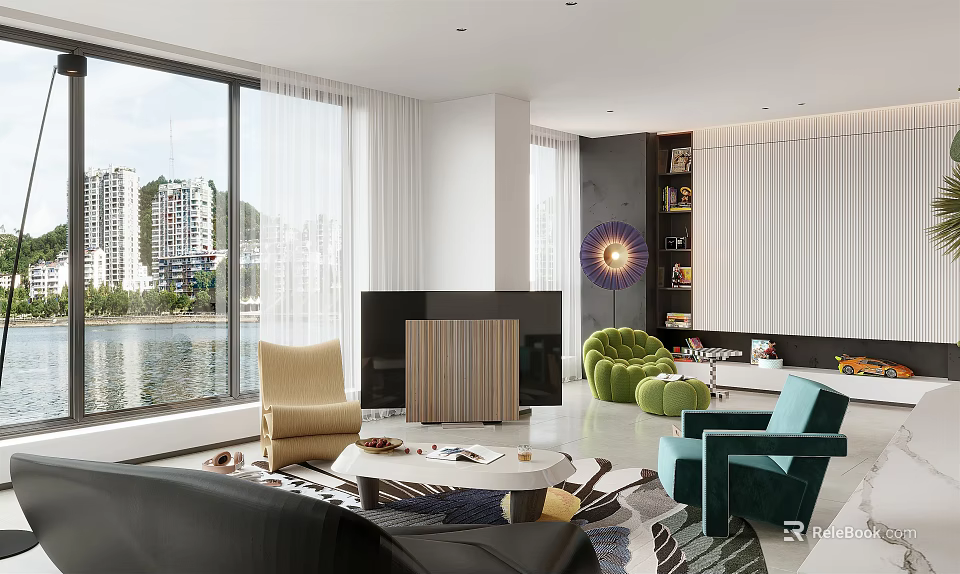 Modern Living Dining Room with City River View Fireplace Large Windows Green Sofa Coffee Table 3d model