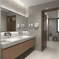 Modern Bathroom Interior With Marble Walls Double Sink Vanity Wooden Cabinets Large Mirror And Shower
