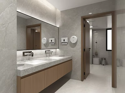 Modern Bathroom Interior With Marble Walls Double Sink Vanity Wooden Cabinets Large Mirror And Shower 3d model
