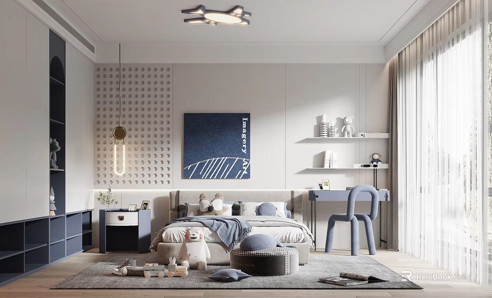 Modern Kids Room Interior Design With Cozy Bed Desk Chair And Decorative Wall Art 3d model 