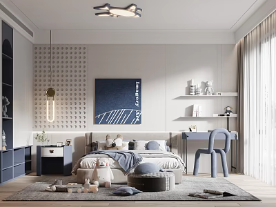 Modern Kids Room Interior Design With Cozy Bed Desk Chair And Decorative Wall Art 3d model