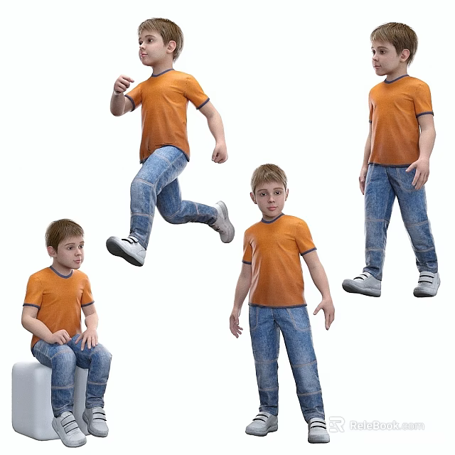 Different Poses of Young Boy Wearing Orange T-Shirt and Blue Jeans 3d model 
