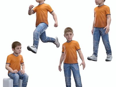 Different Poses of Young Boy Wearing Orange T-Shirt and Blue Jeans 3d model
