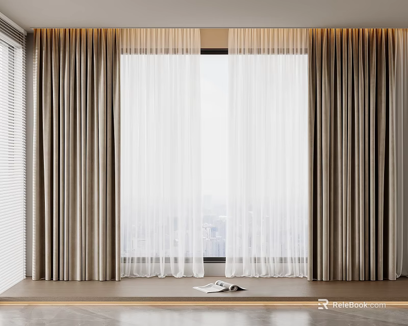 Layered Beige Sheer And Thick Curtains In Modern Interior Window With City View Sill Book 3d model 