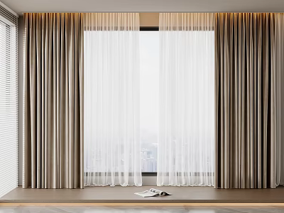 Layered Beige Sheer And Thick Curtains In Modern Interior Window With City View Sill Book 3d model
