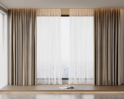 Layered Beige Sheer And Thick Curtains In Modern Interior Window With City View Sill Book 3d model