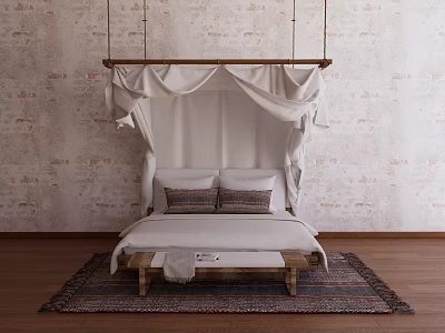 Double Bed with Wooden Frame and Hanging Canopy Against Textured Brick Wall on Patterned Rug 3d model