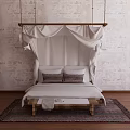Double Bed with Wooden Frame and Hanging Canopy Against Textured Brick Wall on Patterned Rug