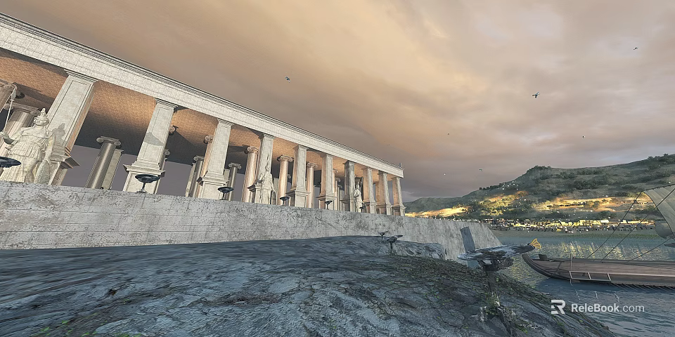 European-style Architecture With Grand Colonnade Under Sunset Sky And Mountain View 3d model 