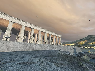 European-style Architecture With Grand Colonnade Under Sunset Sky And Mountain View 3d model