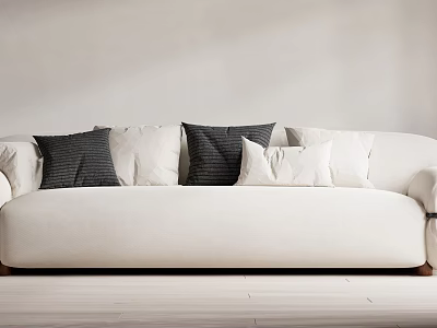White Large Sofa With Black Striped And White Cushions Against Light Wall And Wooden Floor 3d model