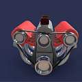Red Silver Black 3D Modeled Mechanical Engine With Cylindrical Parts And Metal Pipes