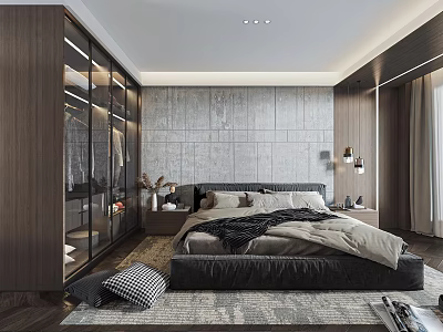 Modern Bedroom Interior With Textured Gray Wall Dark Wooden Wardrobe And Area Rug 3d model