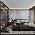 Modern Bedroom Interior With Textured Gray Wall Dark Wooden Wardrobe And Area Rug