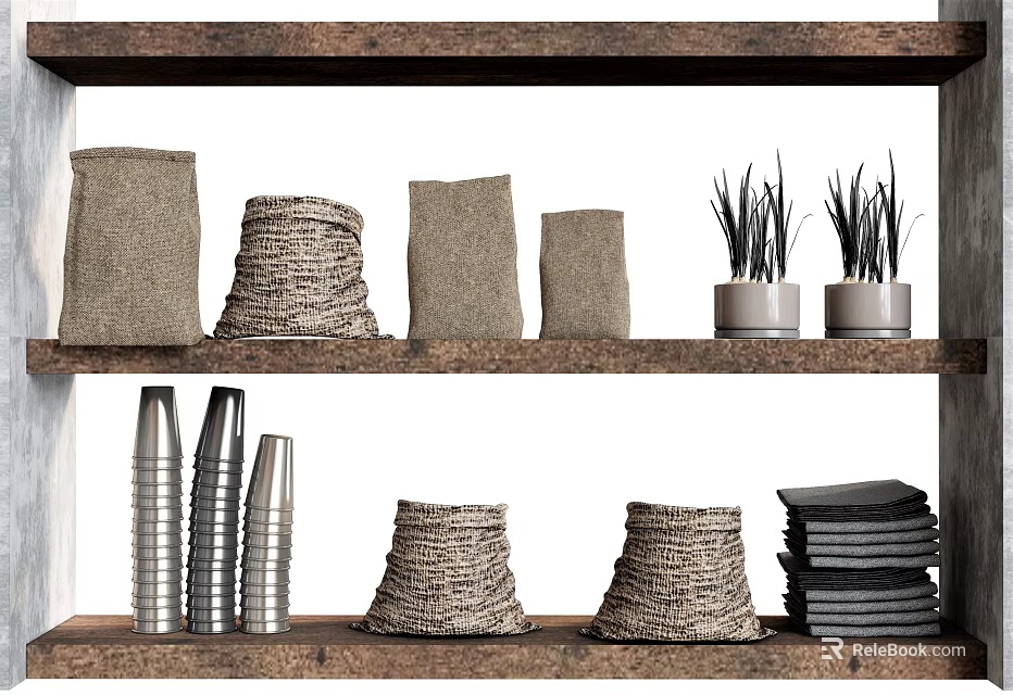Decorative Ornament Combination With Linen Rope Wrapped Silver Metal And Black Plants On Wooden Shelves 3d model 