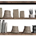 Decorative Ornament Combination With Linen Rope Wrapped Silver Metal And Black Plants On Wooden Shelves