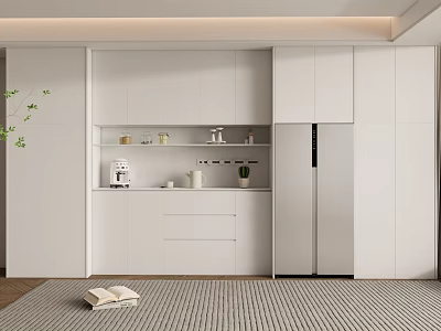 Modern Open Kitchen Interior With Sleek Wine Cabinet And Storage Design 3d model