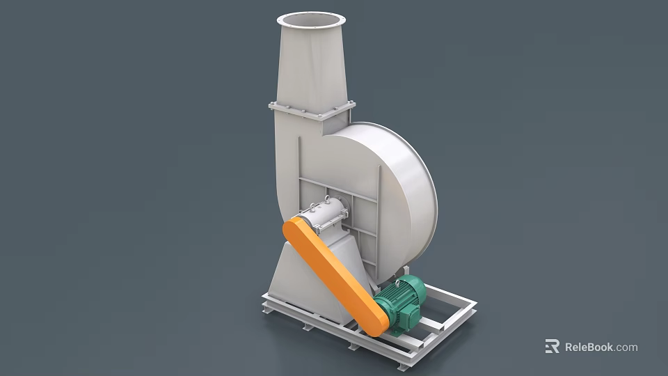 Industrial Blower Equipment With White Volute Casing Orange Component Green Motor And Metal Base 3d model 