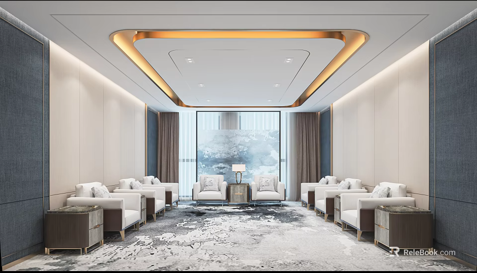 Hotel Public Lounge Featuring Comfortable Sofas Large Windows Elegant Carpet And Modern Lighting 3d model 