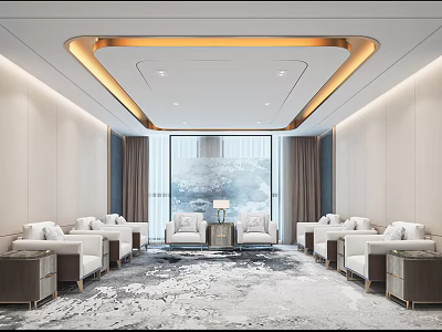 Hotel Public Lounge Featuring Comfortable Sofas Large Windows Elegant Carpet And Modern Lighting 3d model