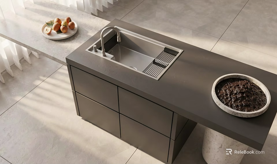 Black Bar Counter Modern Design With Sink Bowl Containing Dark Ingredients On Gray Tiled Floor 3d model 