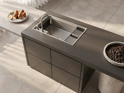 Black Bar Counter Modern Design With Sink Bowl Containing Dark Ingredients On Gray Tiled Floor 3d model