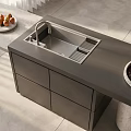 Black Bar Counter Modern Design With Sink Bowl Containing Dark Ingredients On Gray Tiled Floor