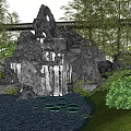 Rockery Stones With Waterfall In Garden Pond Surrounded By Green Plants And Lotus Leaves