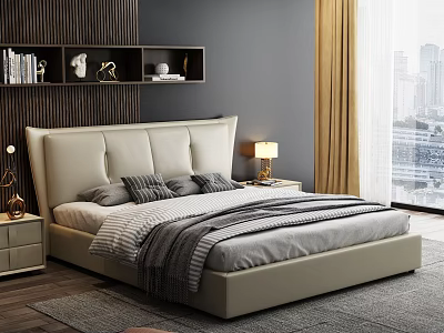 Modern Double Bed With Beige Upholstered Headboard Gray White Bedding Nightstands And City View 3d model