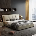 Modern Double Bed With Beige Upholstered Headboard Gray White Bedding Nightstands And City View