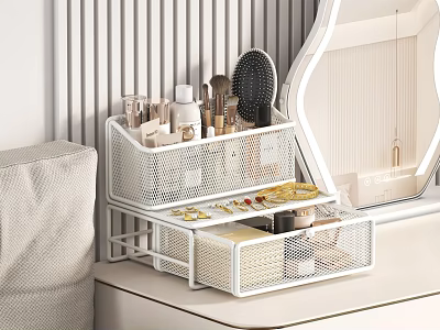 White Metal Mesh Jewelry Organizer with Multi Drawers for Jewelry Cosmetics on Vanity Table 3d model